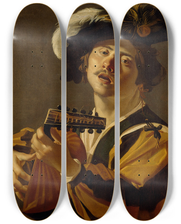 Triptych art skateboard deck of Dirck Van Baburen The Lute Player by Dirck Van Baburen (1595-1624)