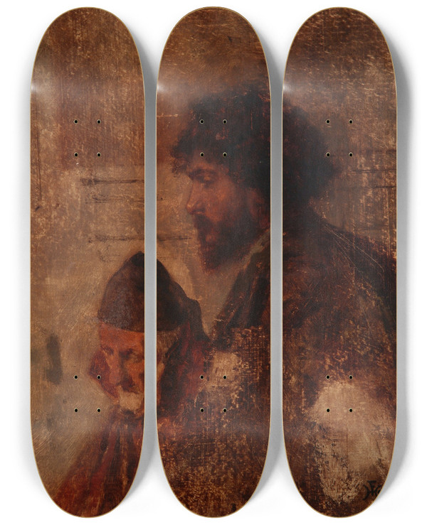 Triptych art skateboard deck of Ferdinand Heilbuth Study Of A Head by Ferdinand Heilbuth (1826-1889)