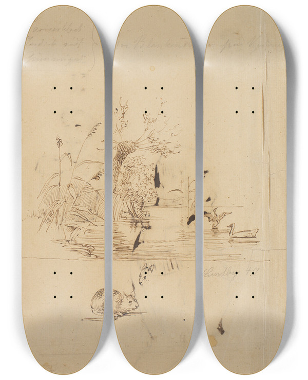 Triptych art skateboard deck of P C Skovgaard Let Karikerede Studier Af Uniformerede Personer Udfrt Af Pc Skovgaard by P C Skovgaard (1817-1875)
