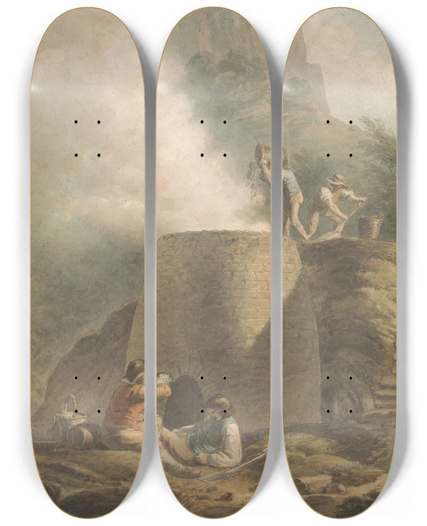 Triptych art skateboard deck of William Marshall Craig Landscape With Limekiln And Workmen by William Marshall Craig