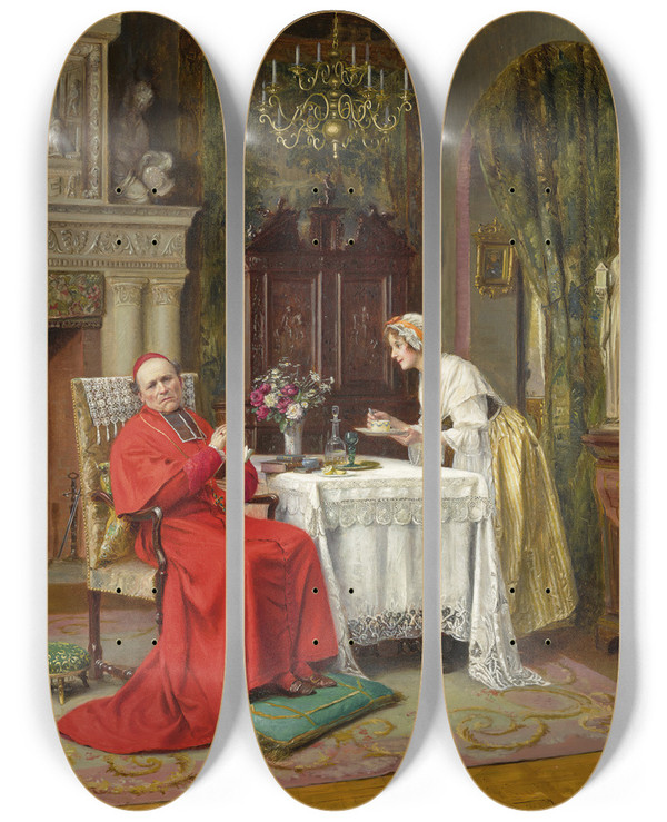 Triptych art skateboard deck of Victor Maraismilton Refusing Coffee by Victor Marais Milton (1872-1948)