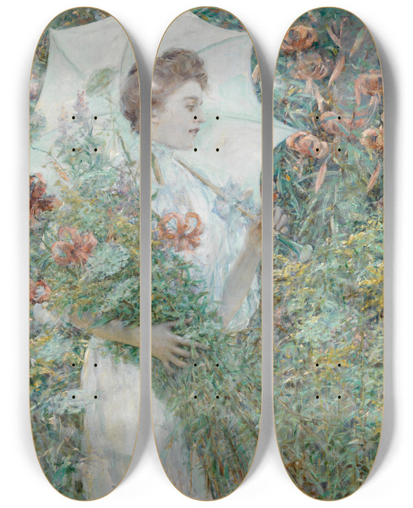 Triptych art skateboard deck of Robert Reid The White Parasol by Robert Reid (1862-1929)