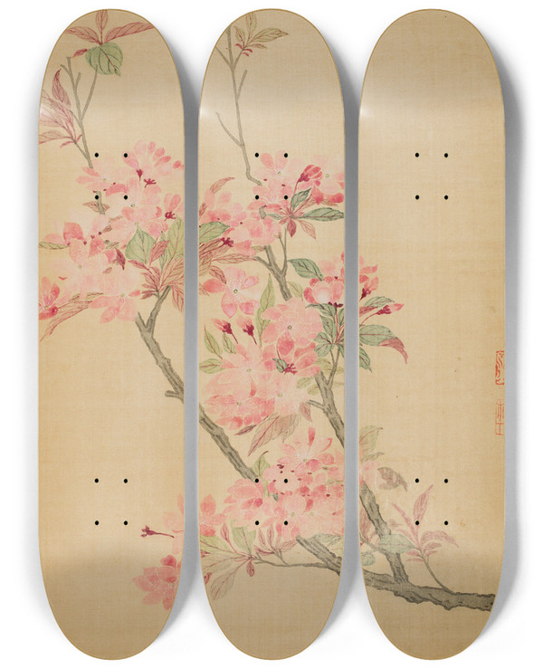 Triptych art skateboard deck of Ma Yuanyu Crabapple Blossoms by Ma Yuanyu (1669-1722)