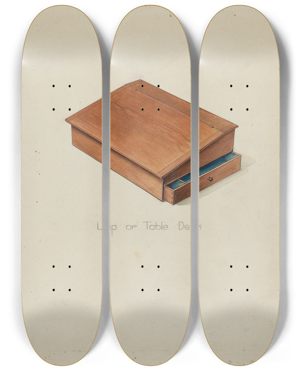 Triptych art skateboard deck of Irving I Smith Shaker Lap Desk by Irving I Smith