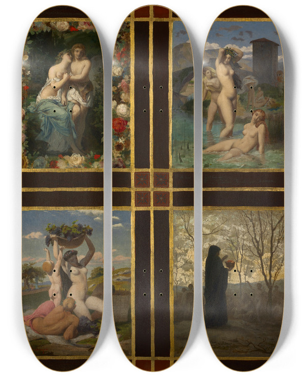 Triptych art skateboard deck of Henripierre Picou The Four Seasons by Henri-Pierre Picou (1824-1895)