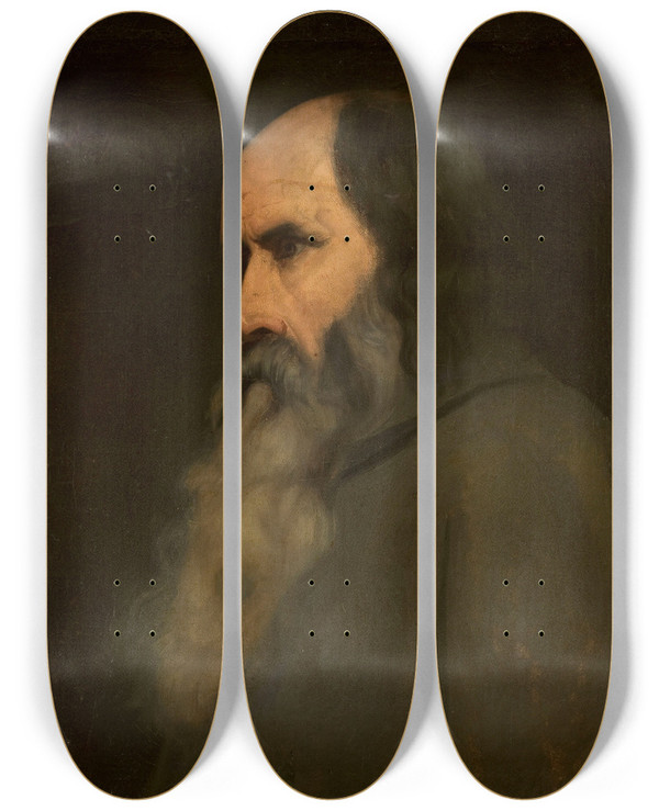 Triptych art skateboard deck of Ary Scheffer Portrait Of An Old Man by Ary Scheffer (1795-1858)