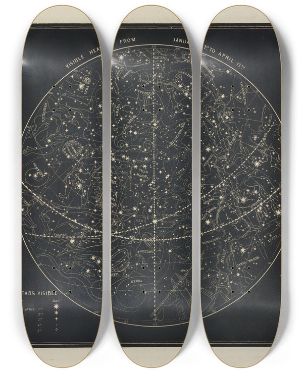 Triptych art skateboard deck of Asa Smith Visible Heavens From January 21St To April 17Th by Asa Smith (19-)