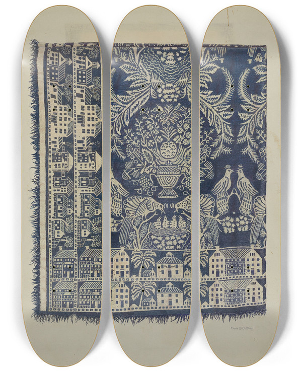 Triptych art skateboard deck of Frank Gutting Blue And White Woolen Coverlet by Frank Gutting