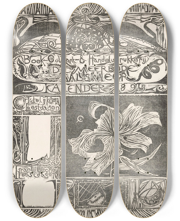 Triptych art skateboard deck of Carel Adolph Lion Cachet Kalenderblad 1893 by Carel Adolph Lion Cachet (1864-1945)
