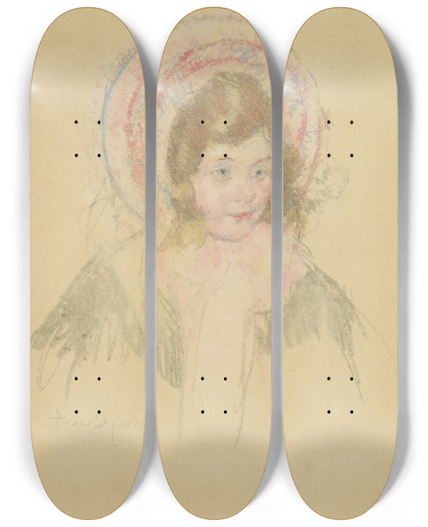 Triptych art skateboard deck of Mary Cassatt Sara Wearing A Bonnet And Coat by Mary Cassatt (1844-1926)