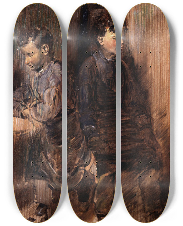 Triptych art skateboard deck of Wilhelm Busch Two Young Shoemaker by Wilhelm Busch (1832-1908)