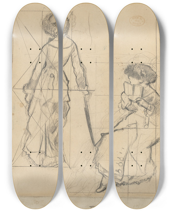 Triptych art skateboard deck of Edgar Degas Study For Mary Cassatt At The Louvre Recto by Edgar Degas (1834-1917)