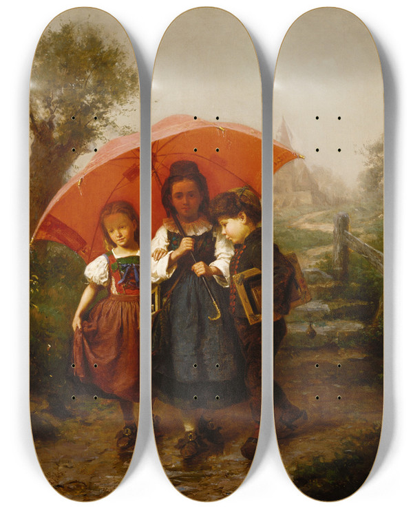Triptych art skateboard deck of Henry Mosler Children Under A Red Umbrella by Henry Mosler (1841-1920)
