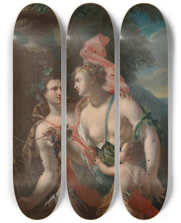 Triptych art skateboard deck of Philip Van Dijk Venus And Bacchus by Philip Van Dijk (1683-1753)