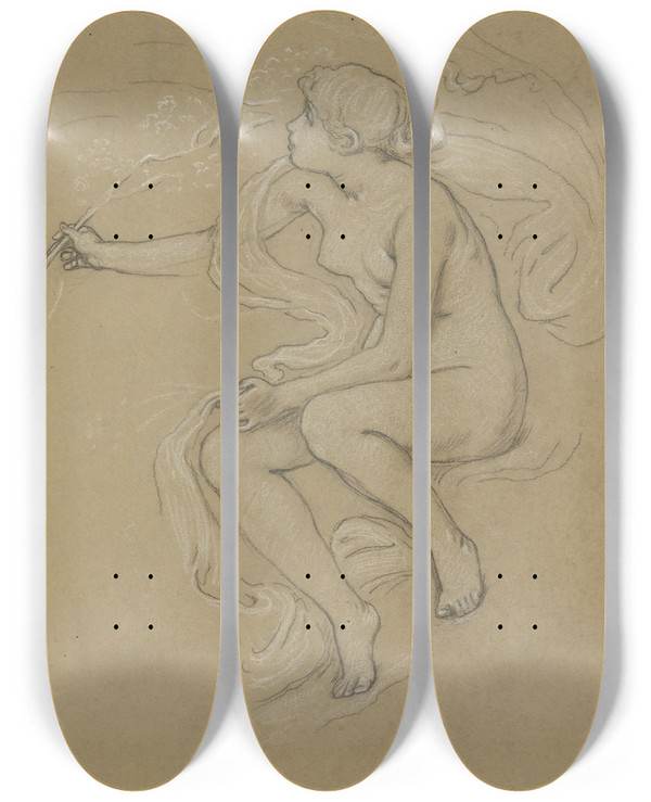 Triptych art skateboard deck of Elihu Vedder Study For Figure Ofspring by Elihu Vedder (1836-1923)