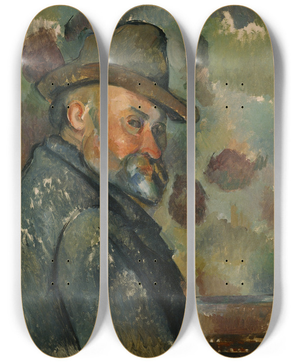 Triptych art skateboard deck of Paul Czanne Selfportrait With A Hat by Paul Cezanne (1839-1906)
