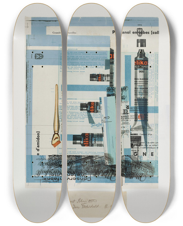Triptych art skateboard deck of Kurt Schwitters Fr Jan Tschichold by Kurt Schwitters (1887-1948)