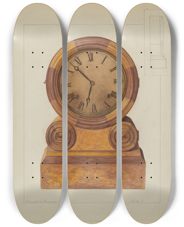 Triptych art skateboard deck of Manuel G Runyan Shelf Clock by Manuel G Runyan