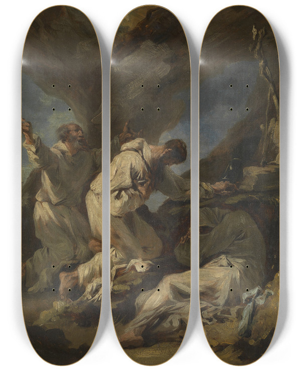 Triptych art skateboard deck of Alessandro Magnasco Praying Monks by Alessandro Magnasco (1667-1749)