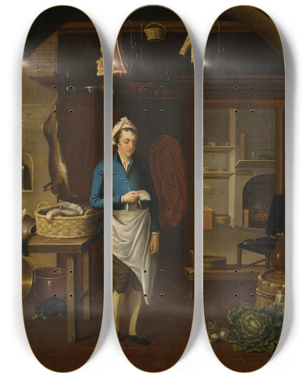 Triptych art skateboard deck of John Atkinson Kitchen Scene by John Atkinson (1863-1924)