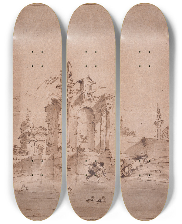 Triptych art skateboard deck of Francesco Guardi Architectural Capriccio by Francesco Guardi (1712-1793)