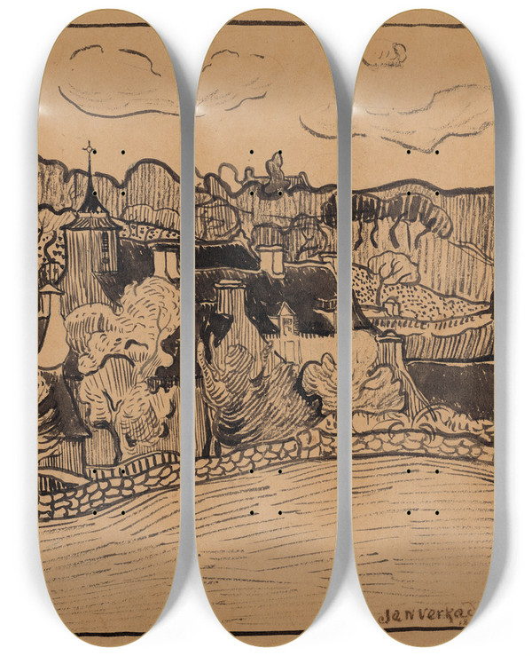 Triptych art skateboard deck of Jan Verkade Les Maisons Saintnolff by Jan Verkade (1868-1946)