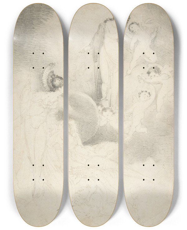 Triptych art skateboard deck of William Pitts Scene With Classical Figures by William Pitts (1790-1840)