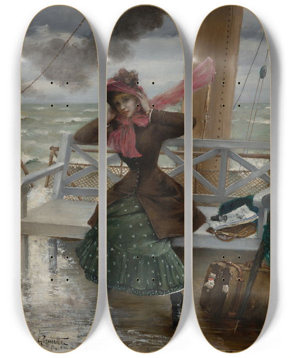 Triptych art skateboard deck of Norbert Goeneutte The Passenger by Norbert Goeneutte (1854-1894)