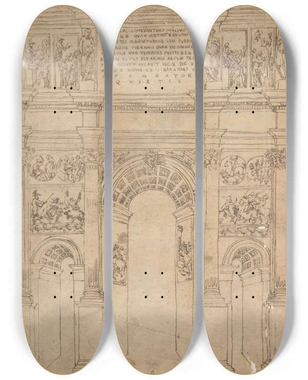 Triptych art skateboard deck of Bartolomeo Neroni Arch Of Constantine Rome by Bartolomeo Neroni (1505-1571)