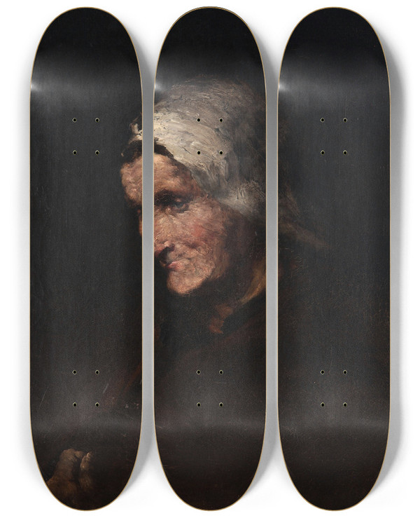 Triptych art skateboard deck of Thodule Ribot Cabeza De Anciana by Theodule Ribot (1823-1891)