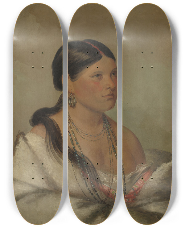 Triptych art skateboard deck of George Catlin The Female Eagle Shawano by George Catlin (1796-1872)