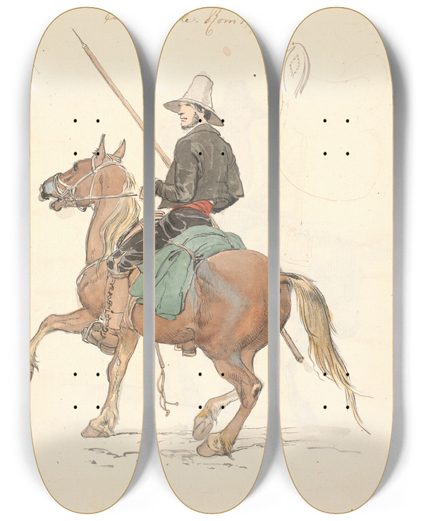 Triptych art skateboard deck of Johan Thomas Lundbye Campagnole Til Hest by Johan Thomas Lundbye (1818-1848)