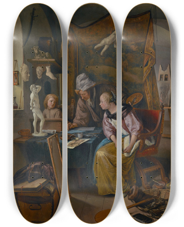 Triptych art skateboard deck of Jan Steen The Drawing Lesson by Jan Steen (1626-1679)
