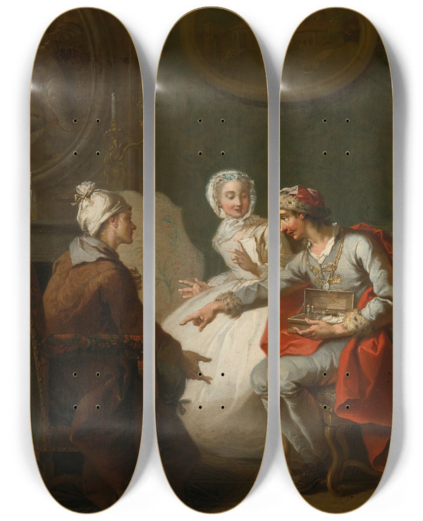 Triptych art skateboard deck of Etienne Jeaurat The Doctors Visit by Etienne Jeaurat (1699-1789)