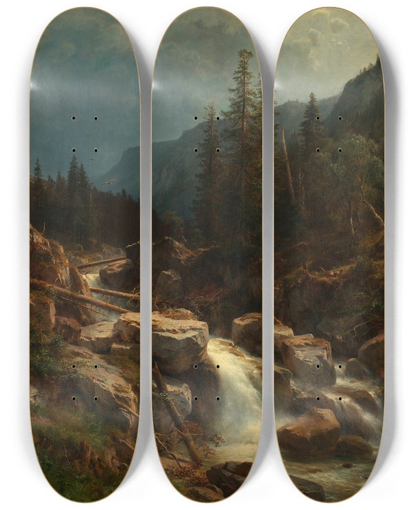 Triptych art skateboard deck of Ludwig Halauska Gebirge Bei Aufsteigendem Gewitter by Ludwig Halauska (1827-1882)