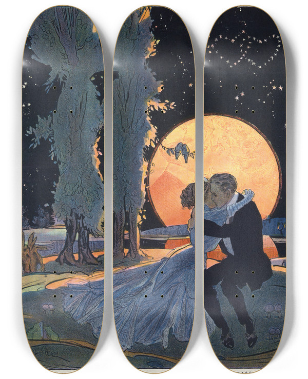 Triptych art skateboard deck of Gordon Ross Mating Time by Gordon Ross (1873-1946)