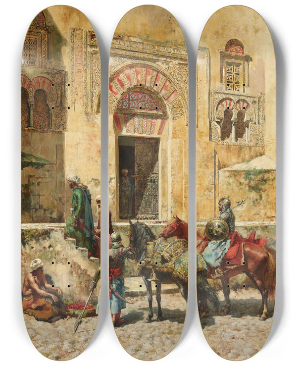 Triptych art skateboard deck of Edwin Lord Weeks Entering The Mosque by Edwin Lord Weeks (1849-1903)