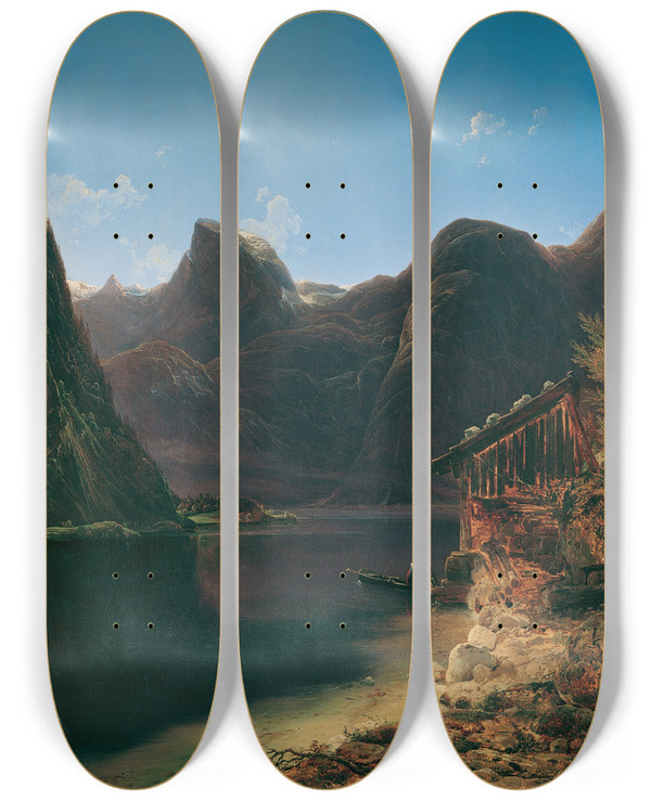Triptych art skateboard deck of Franz Steinfeld Der Hallsttter See by Franz Steinfeld (1787-1868)