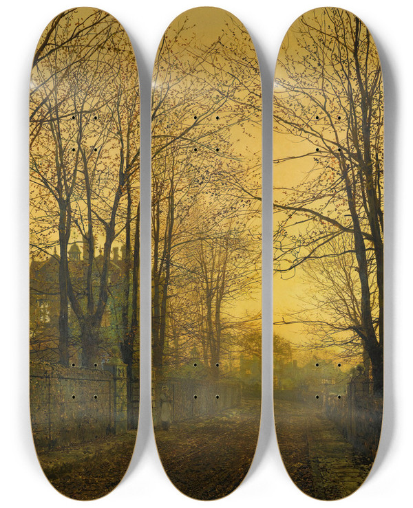 Triptych art skateboard deck of John Atkinson Grimshaw October After Glow by John Atkinson Grimshaw (1836-1893)