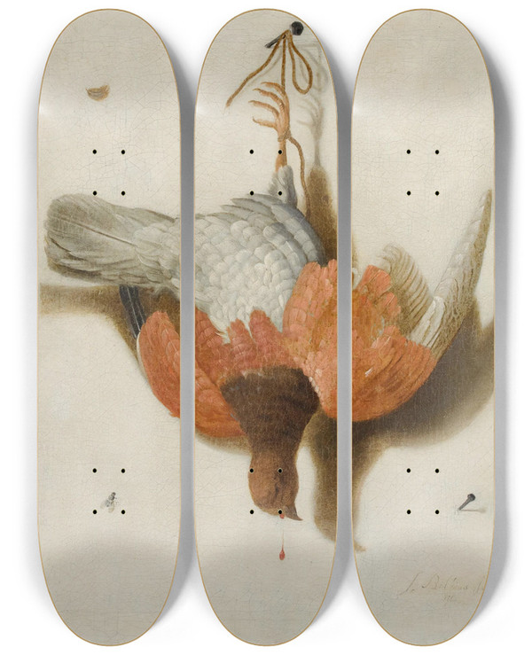 Triptych art skateboard deck of Jacobus Biltius A Trompe Lil With Awillow Ptarmiganhanging From A Nail by Jacobus Biltius (1633-1681)
