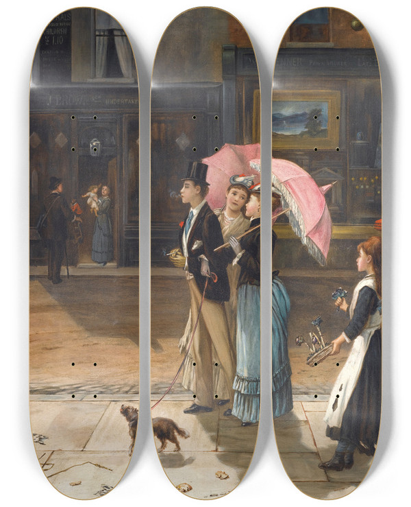 Triptych art skateboard deck of Augustus Edwin Mulready Our Good Natured Cousin by Augustus Edwin Mulready (1844-1904)