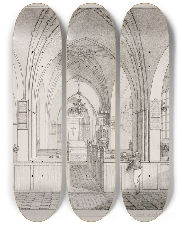 Triptych art skateboard deck of Georg Hoffmann Det Indre Af Karrebk Kirke by Georg Hoffmann