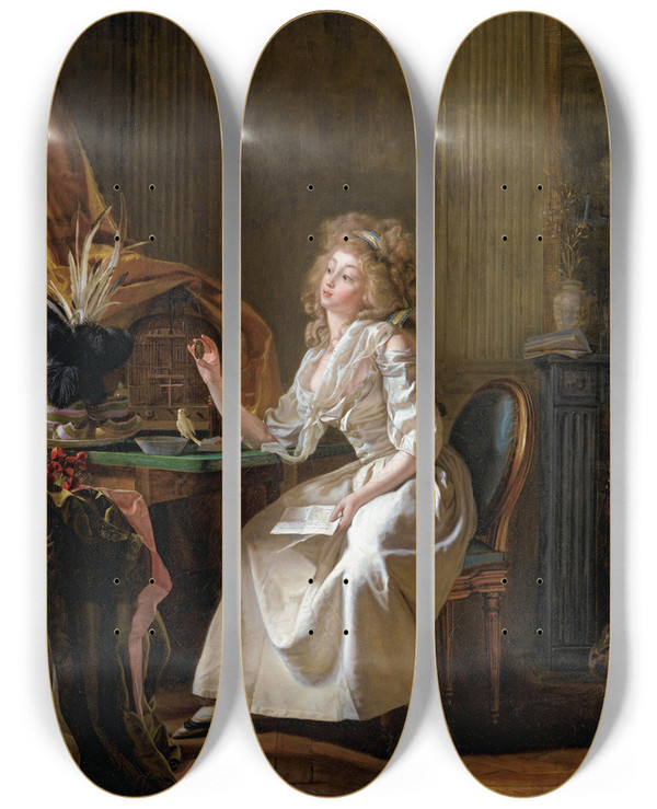 Triptych art skateboard deck of Michel Garnier Elegant Looking At A Miniature Portrait by Michel Garnier (1753-1819)