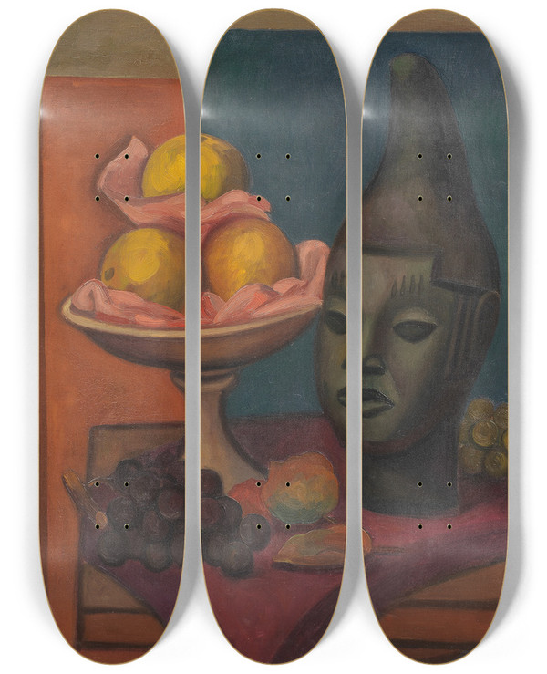 Triptych art skateboard deck of Mark Gertler Still Life With Benin Head by Mark Gertler (1891-1939)