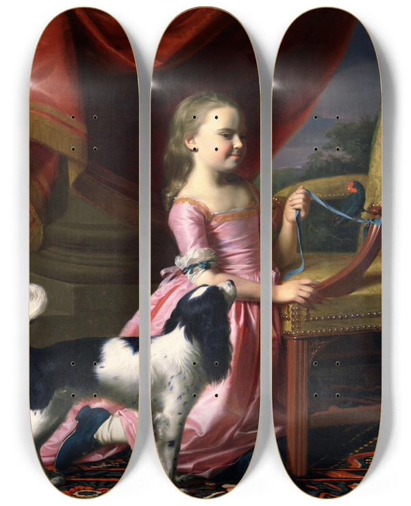 Triptych art skateboard deck of John Singleton Copley Young Lady With A Bird And A Dog by John Singleton Copley (1738-1815)