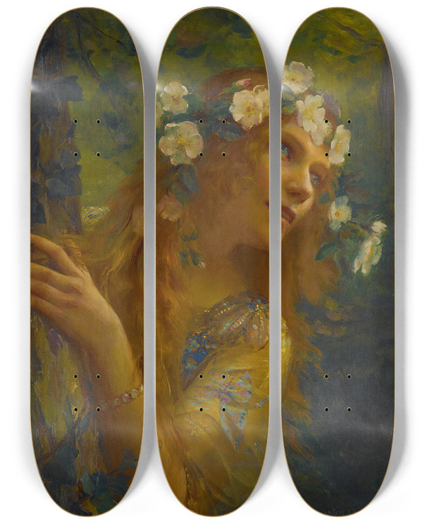 Triptych art skateboard deck of Gaston Bussire Leilah by Gaston Bussiere (1862-1929)