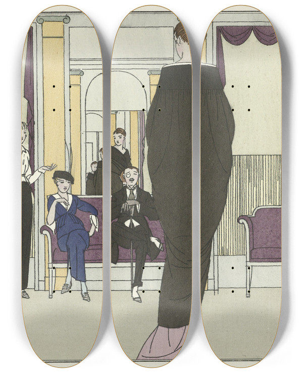 Triptych art skateboard deck of Bernard Boutet De Monvel Le Choix Difficile Manteau Du Soir De Worth by Bernard Boutet De Monvel (1881-1949)