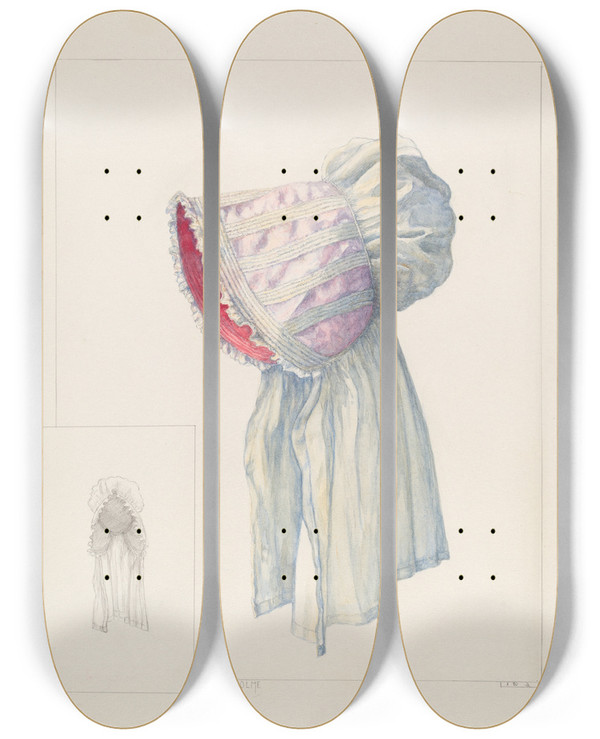 Triptych art skateboard deck of Maud M Holme Baby Bonnet by Maud M Holme