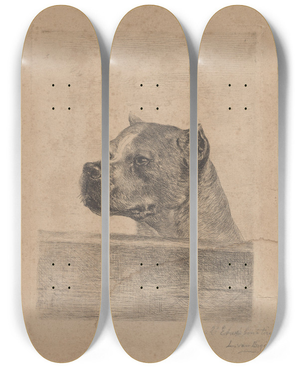 Triptych art skateboard deck of Louis Van Engelen Dog Head by Louis Van Engelen (1856-1940)