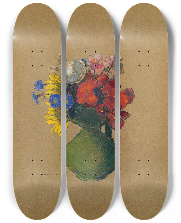 Triptych art skateboard deck of Odilon Redon Graniums Et Fleurs Des Champs by Odilon Redon (1840-1916)